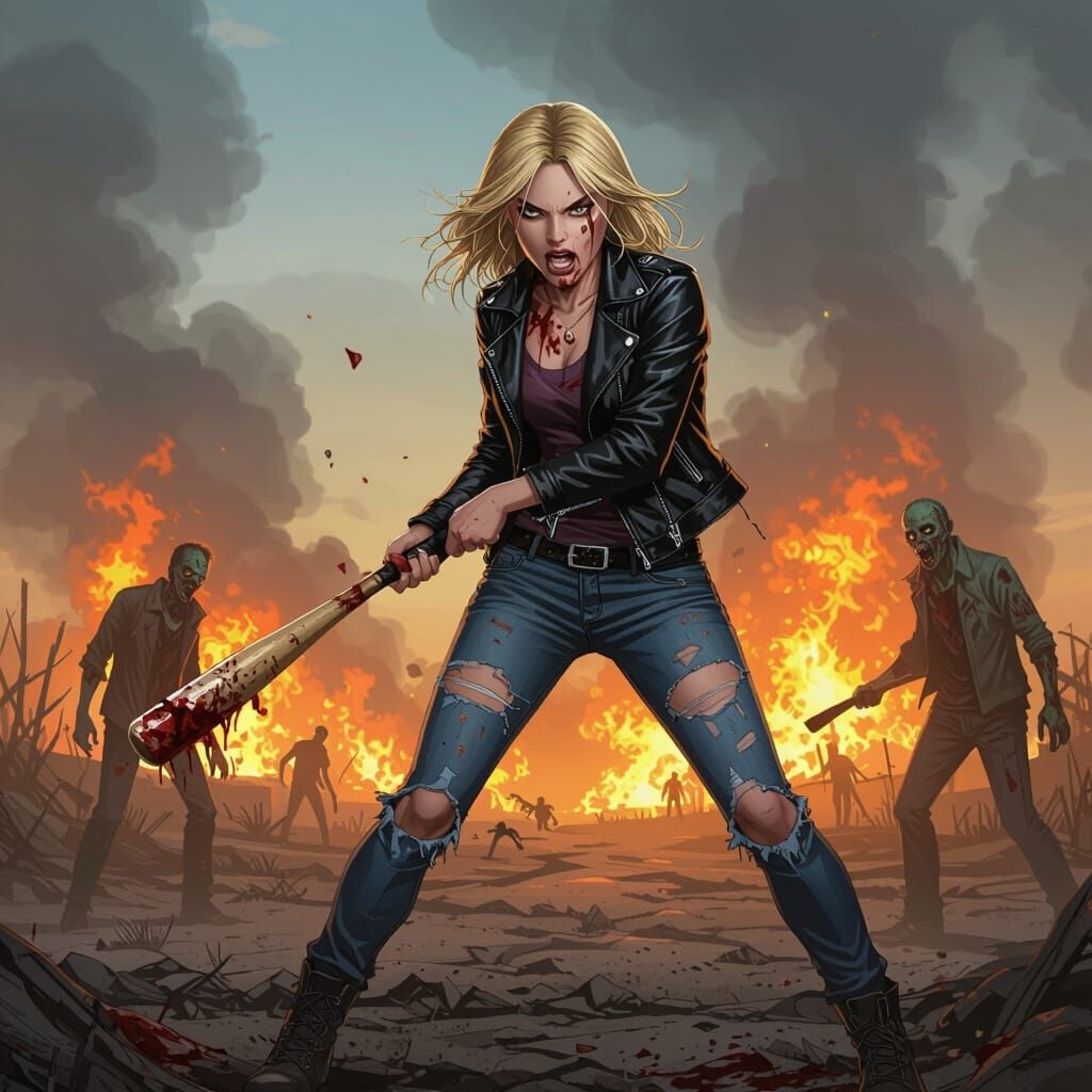 Zombie Slayer in Post-Apocalyptic Comic Art Style
