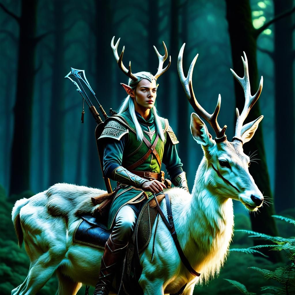 High Elf Ranger on Deer in Enchanted Forest