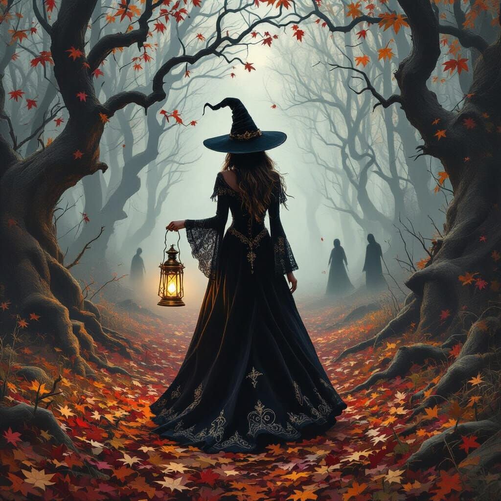 Mystic Witch in Autumn Forest, Gothic Art