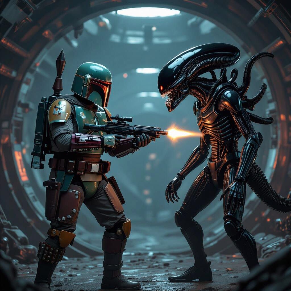 Boba Fett vs. Xenomorph in Biomechanical Landscape