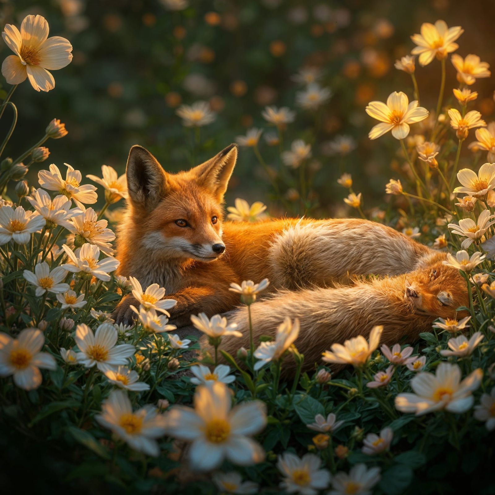Fox in Pale Flower Garden: Fantasy Concept Art