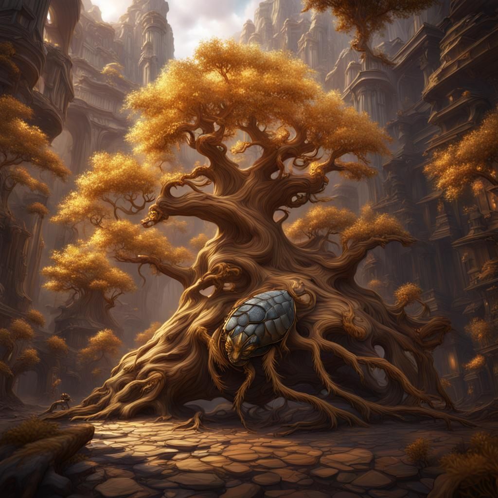 Golden Tree with Marble Cockroaches, Digital Art