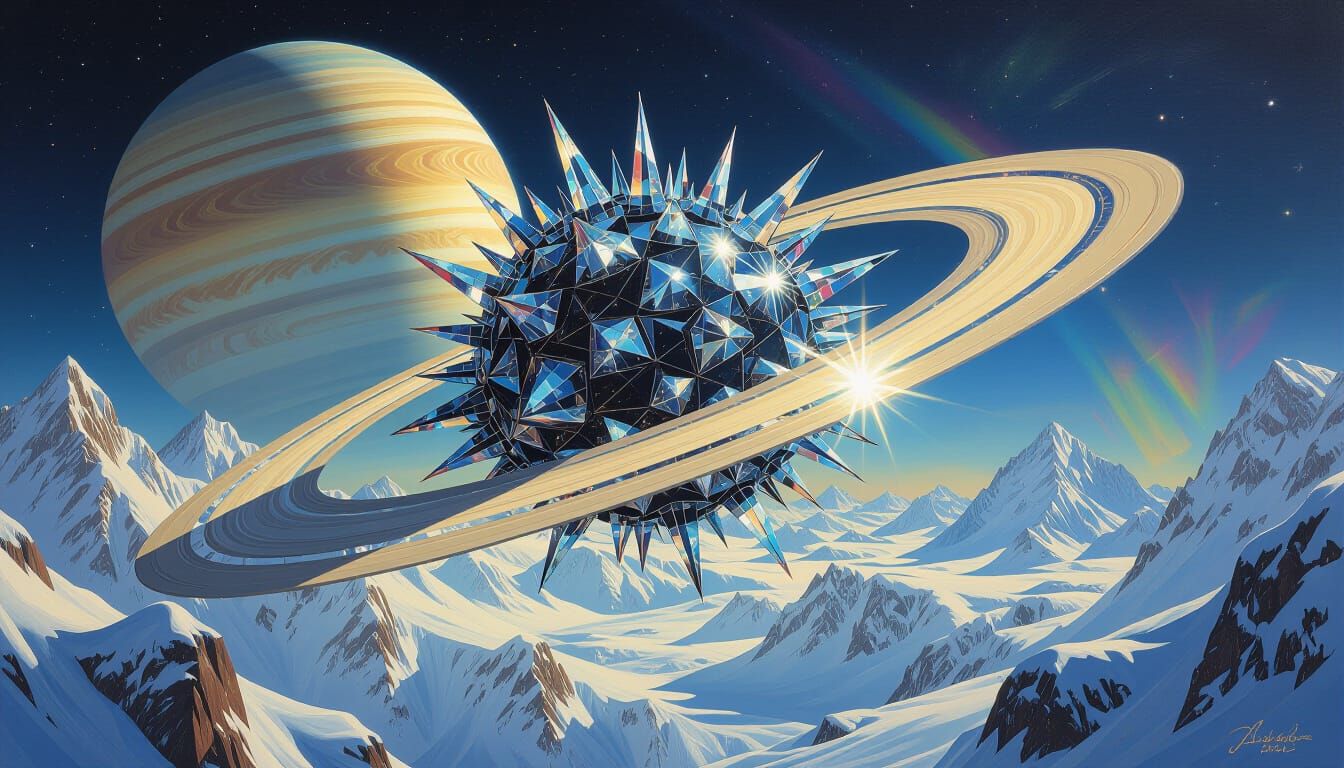 Glistening Diamond Monster Above Saturn as Oil Painting