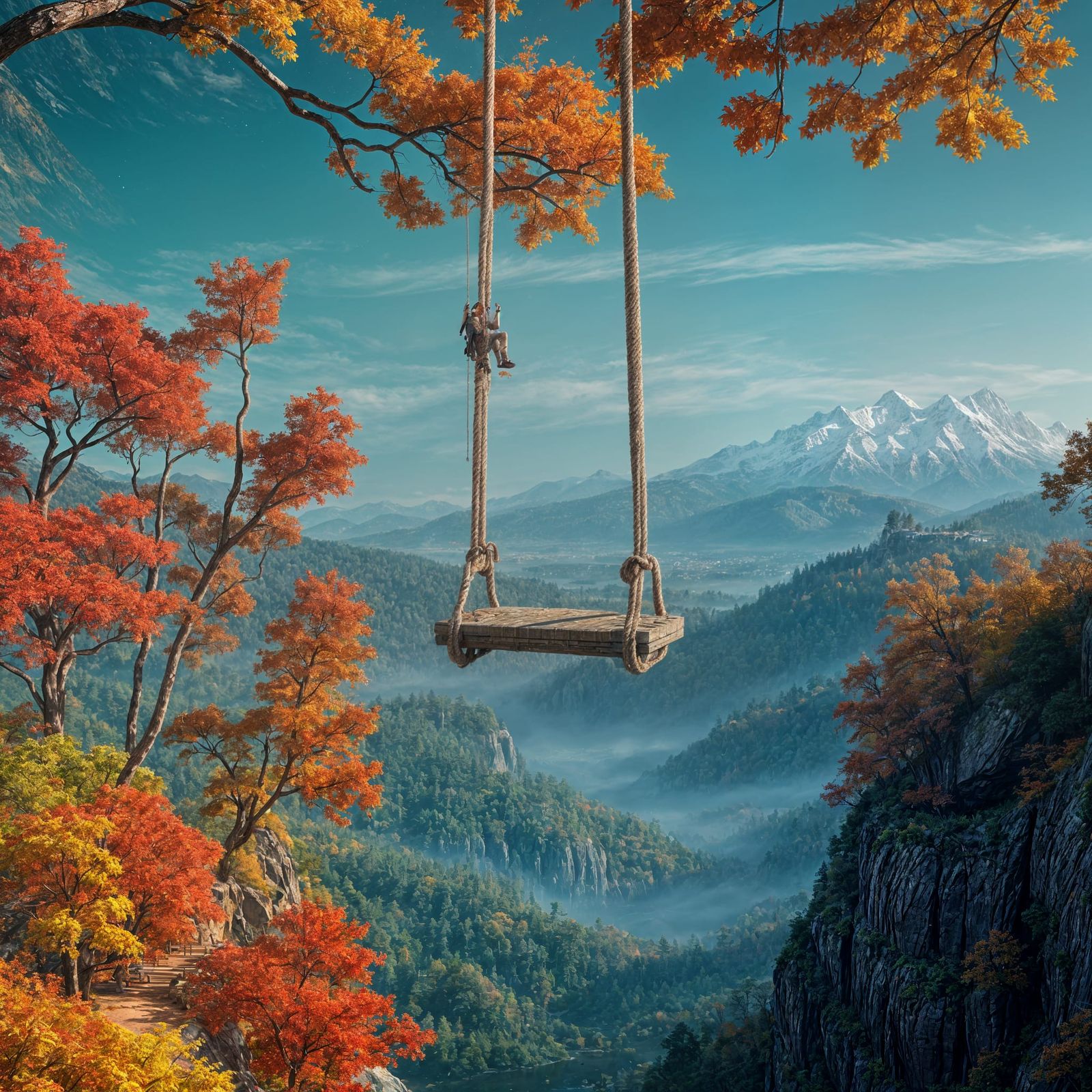 Autumn Wonderland Rope Swing: Fantasy Concept Art