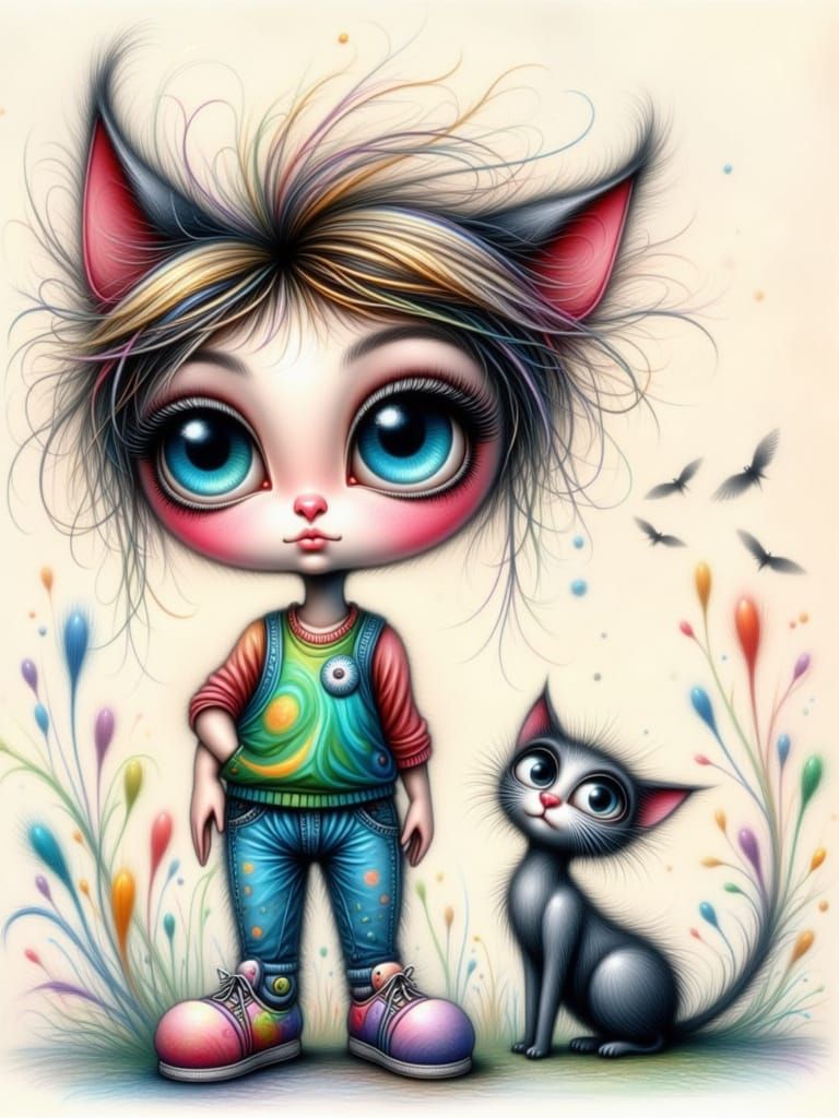 Whimsical Crayon Drawing of a Sassy Youngster and Cat