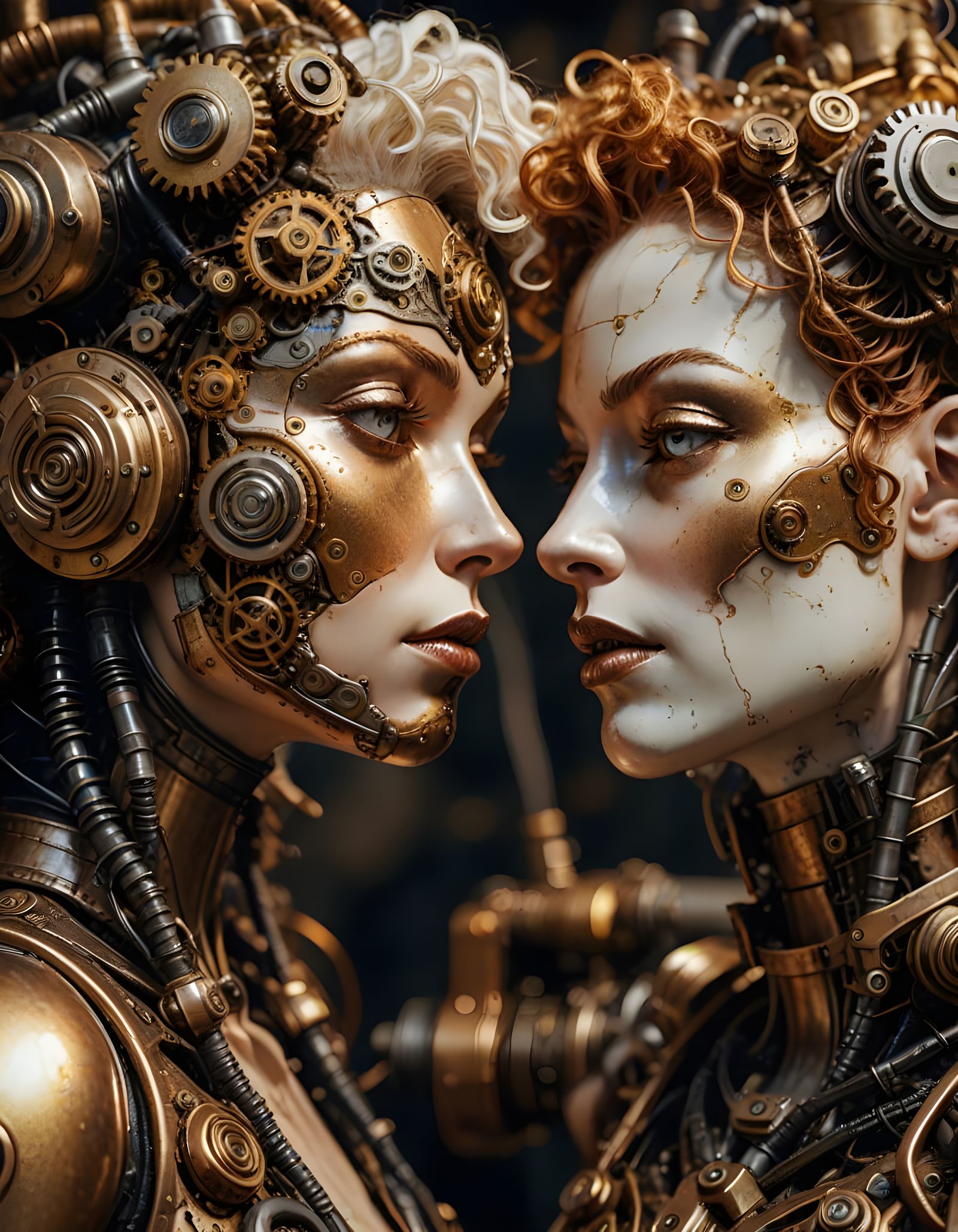 Surreal Macro Photograph of Kissing Robots and Tools
