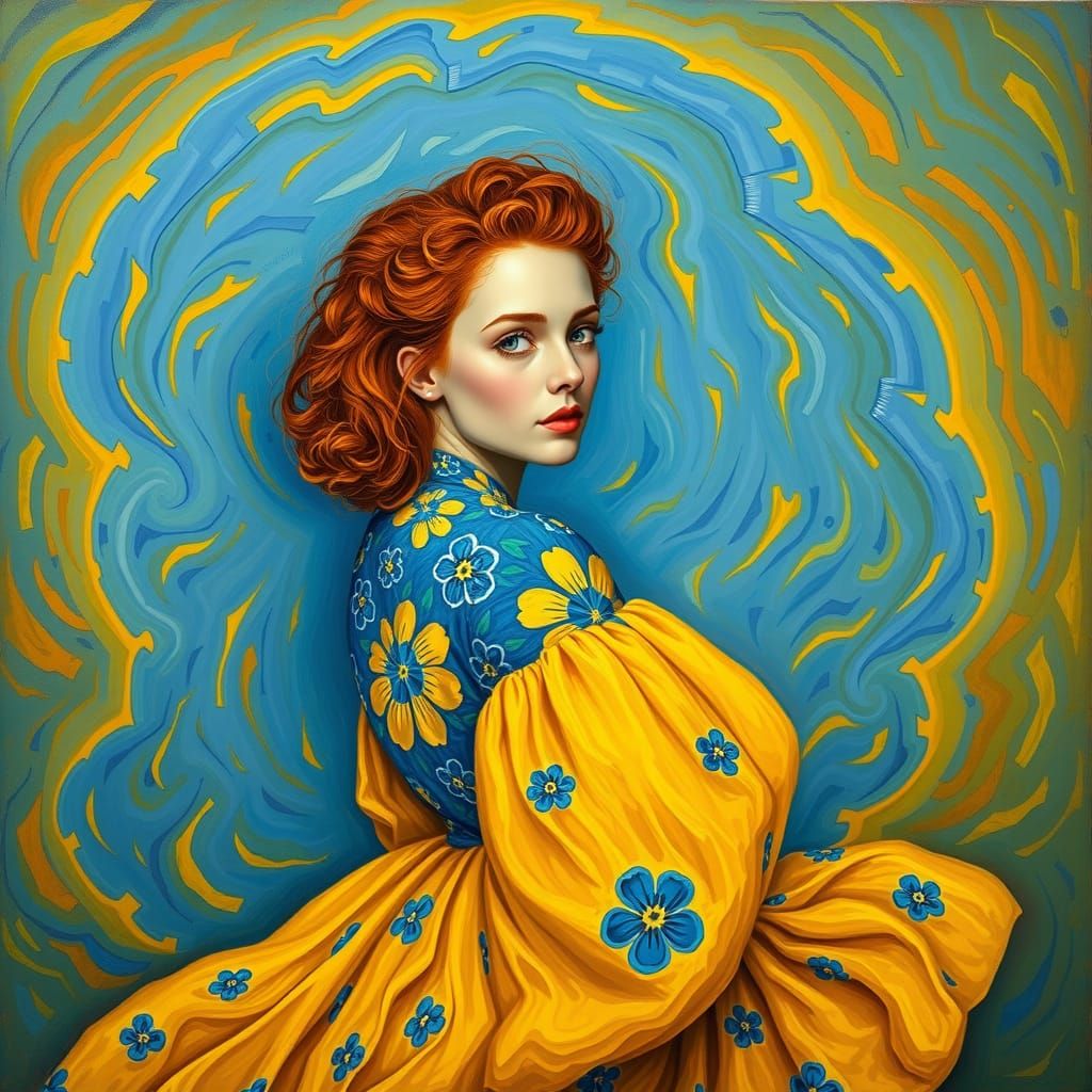 Fiery Red-Haired Woman in Post-Impressionist Portrait