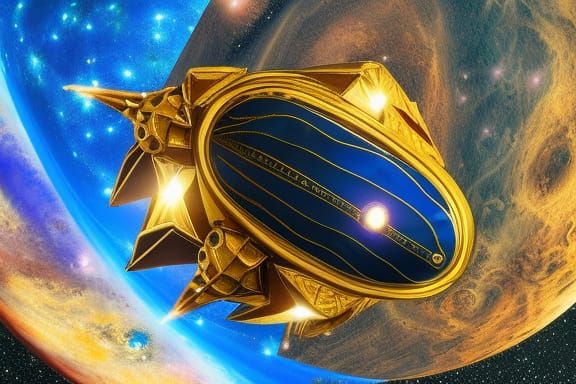 Gold Spaceship with Gemstone Filigree near Jupiter