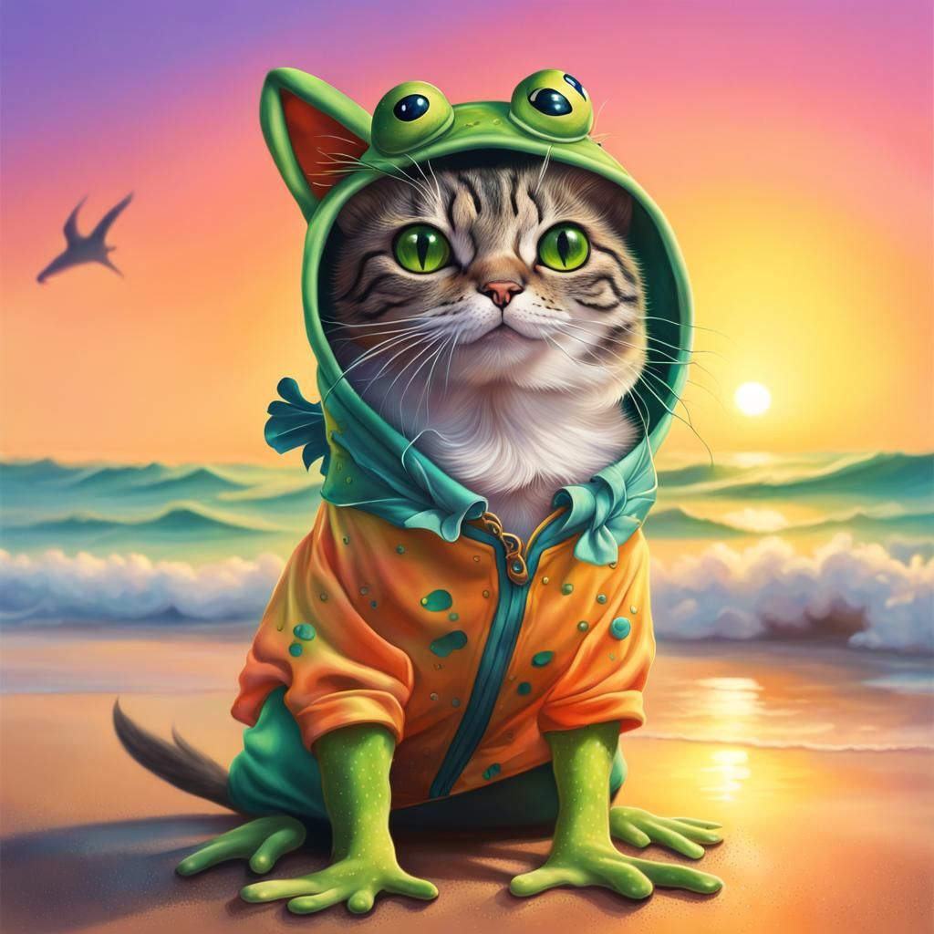 Hyperrealistic Cat-Frog on Beach at Sunset