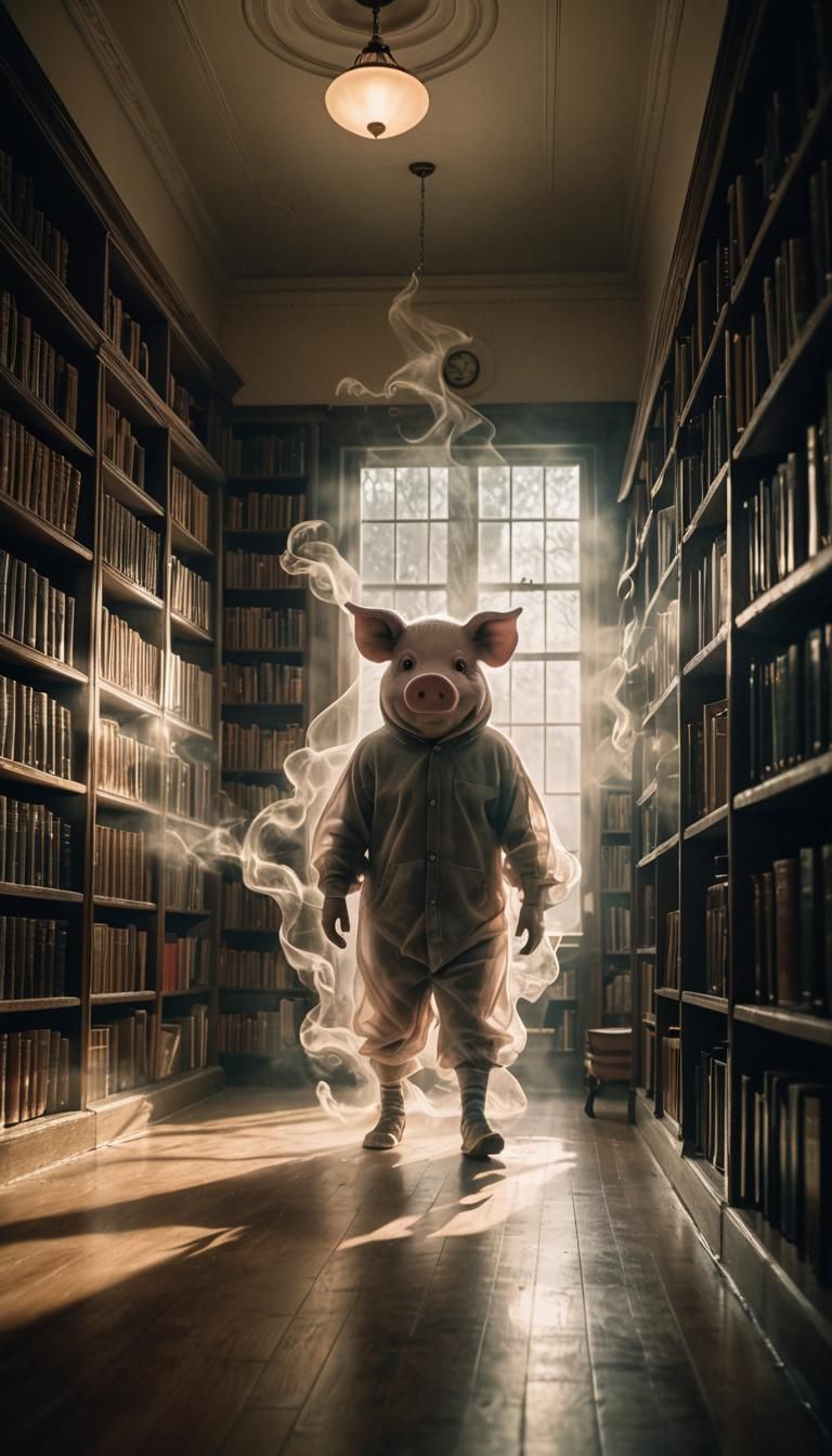 Ghostly Pig Specter Haunts Dimly Lit Library