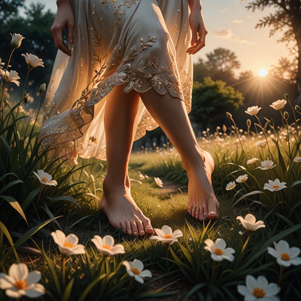 Bare Foot on Blooming Grass in Golden Hour Light
