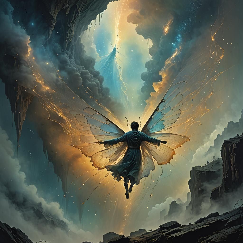 Figure Falling Through Starry Void in Surrealist Style