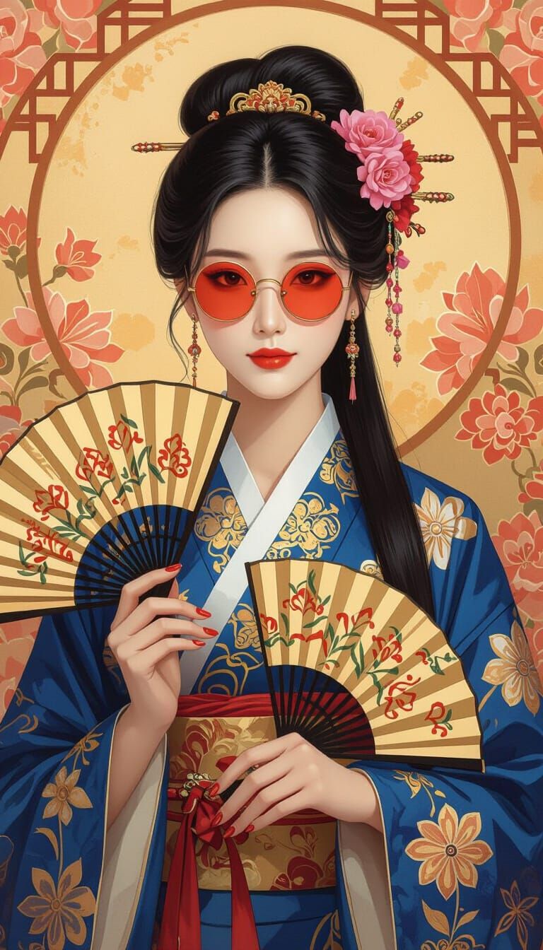 Korean Woman in Floral Robe with Hand Fans