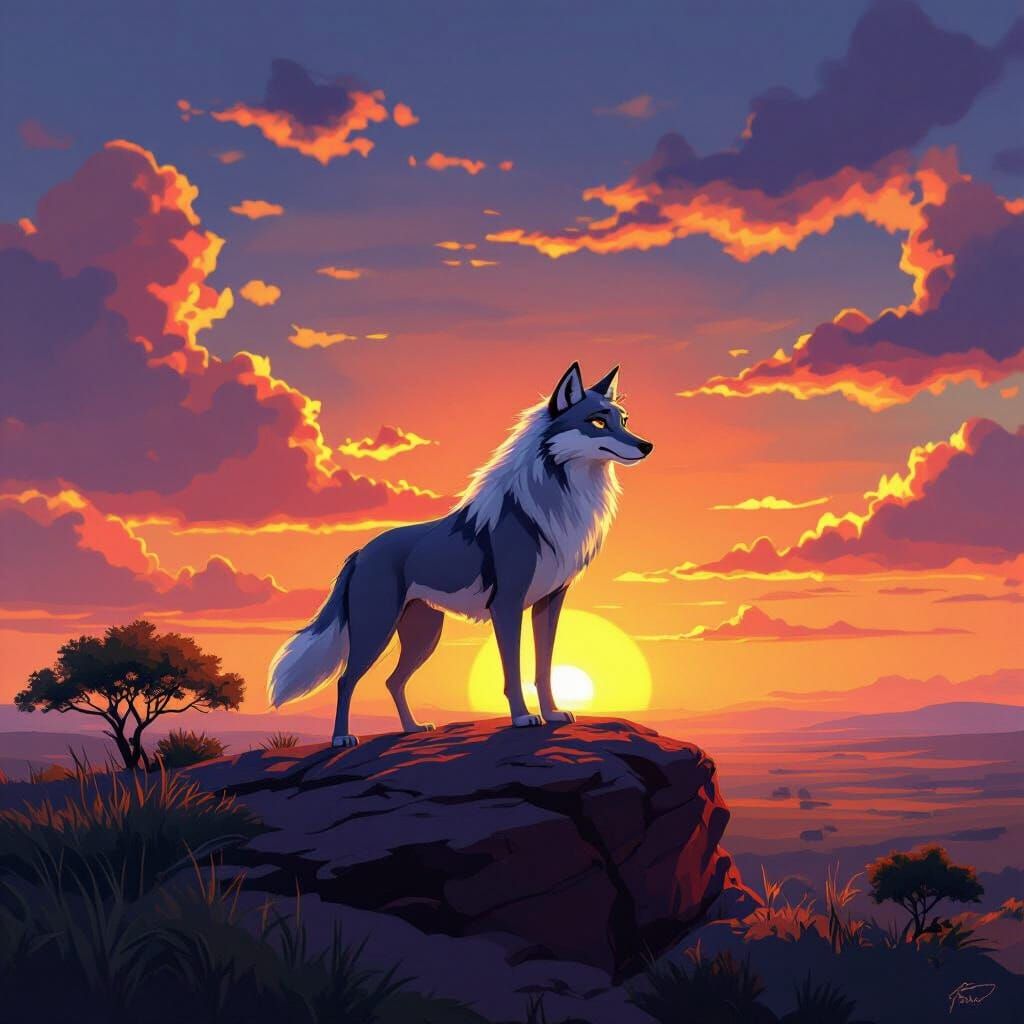 Nala Wolf Over Savanna at Sunset