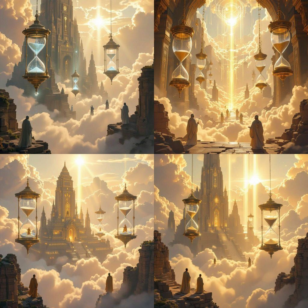 Divine Futuristic Temple Above Golden Clouds with Holographi...
