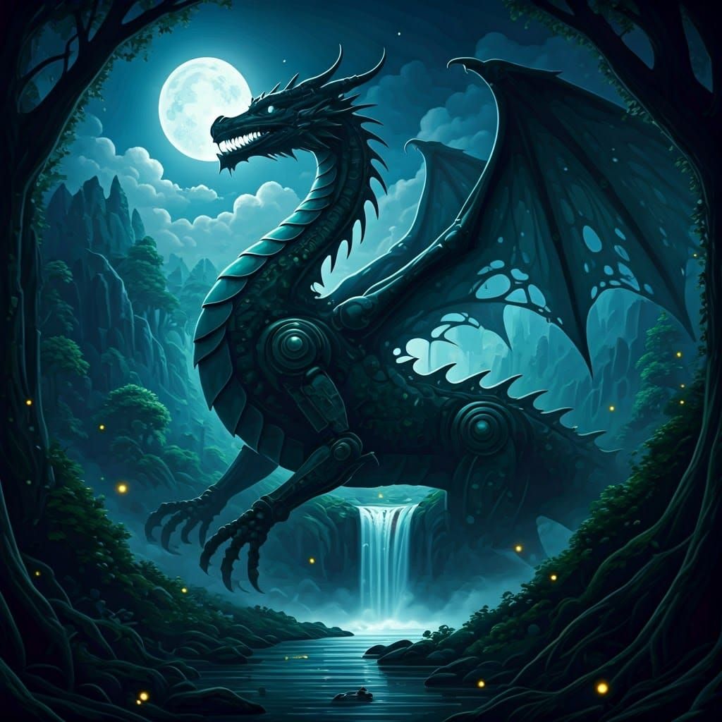 Dragon Silhouette Dreamscape in Biomechanical Style