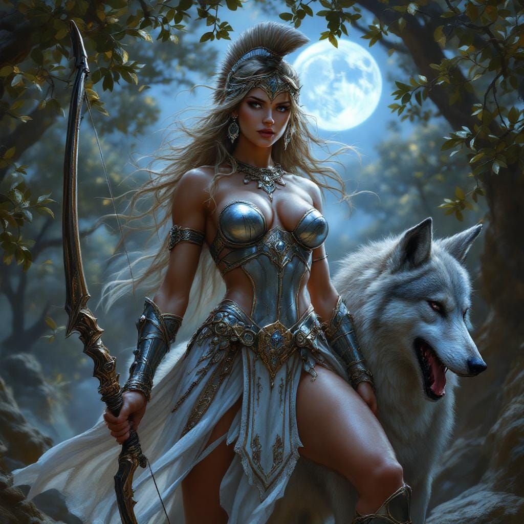 Fantasy Spartan Warrior with Wolf in Moonlight