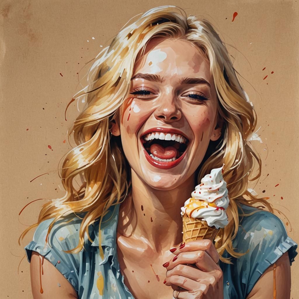 Blonde Woman Enjoys Ice Cream: Oil Sketch