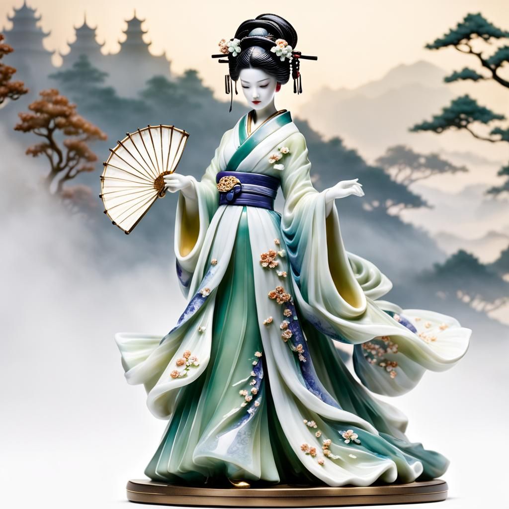 Jade Kimono Geisha Porcelain Figurine