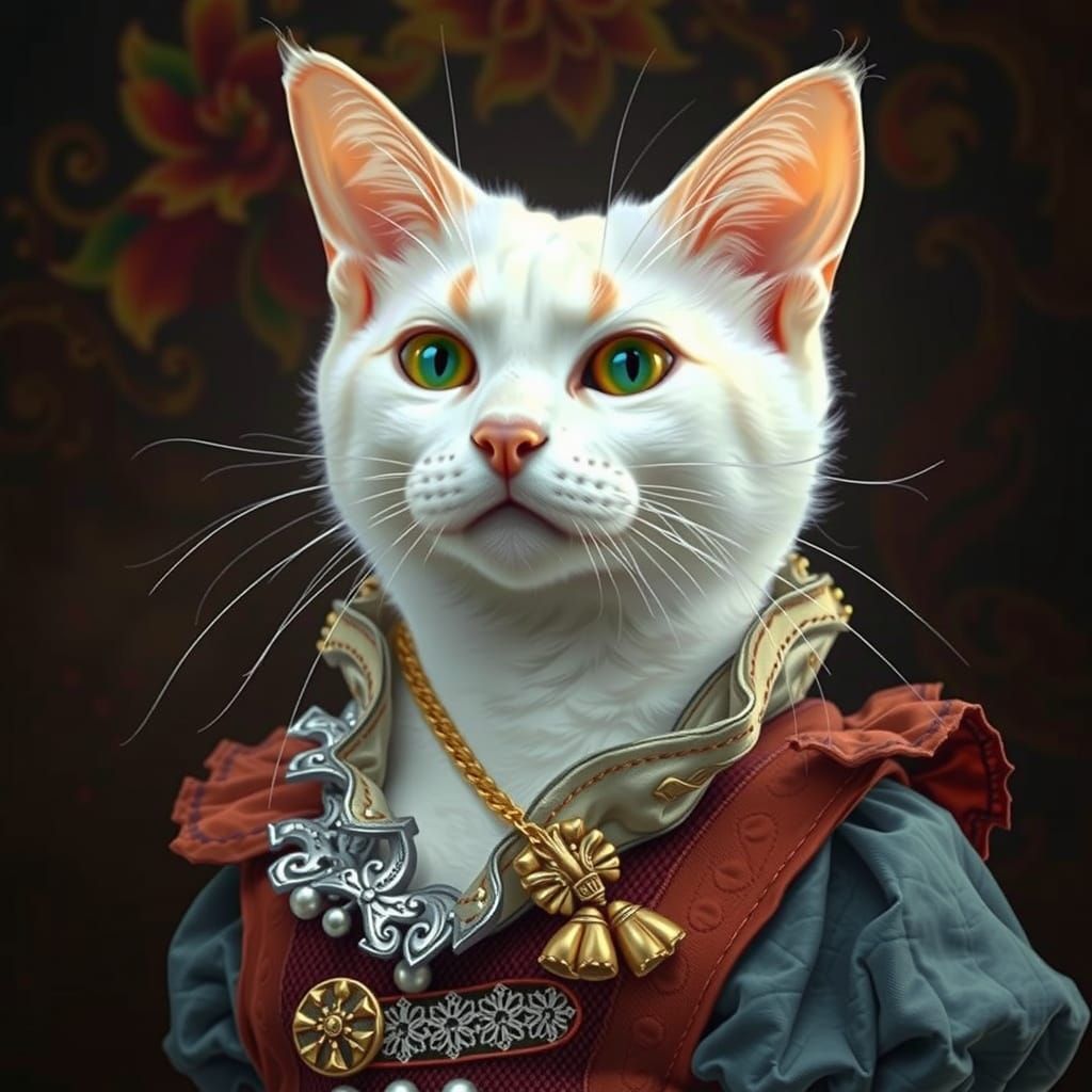 Elegant White Cat in Medieval Lady Attire