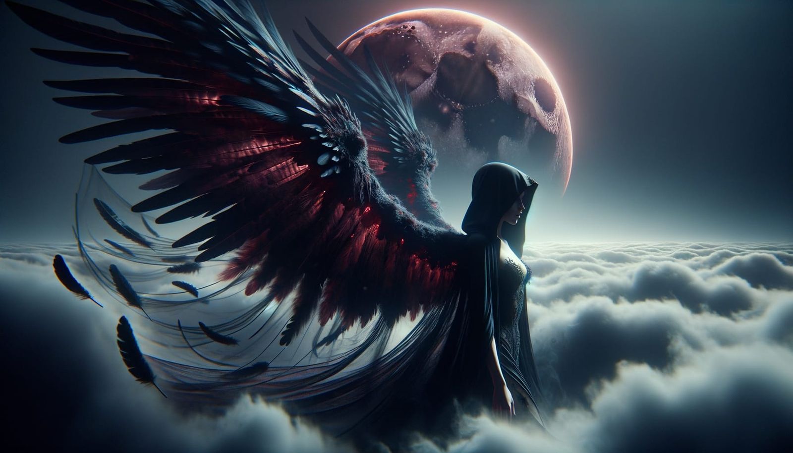 Gothic Icarus Figure Soaring to Blood Moon