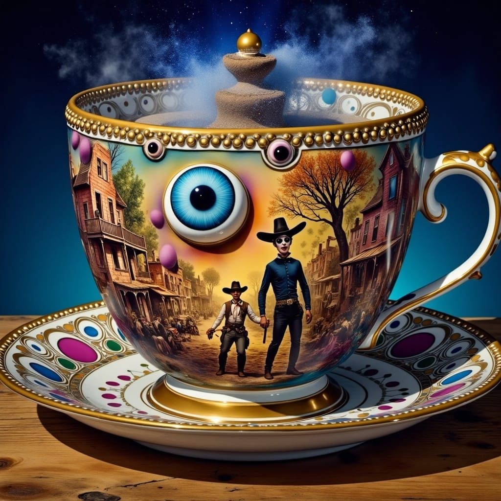 Cyclops Cowboy in Teacup: A Surreal Blacklight Scene