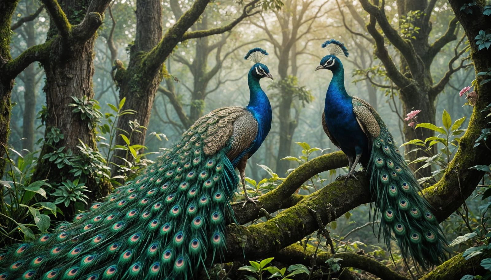 Ethereal Baroque Peacock in Misty Forest