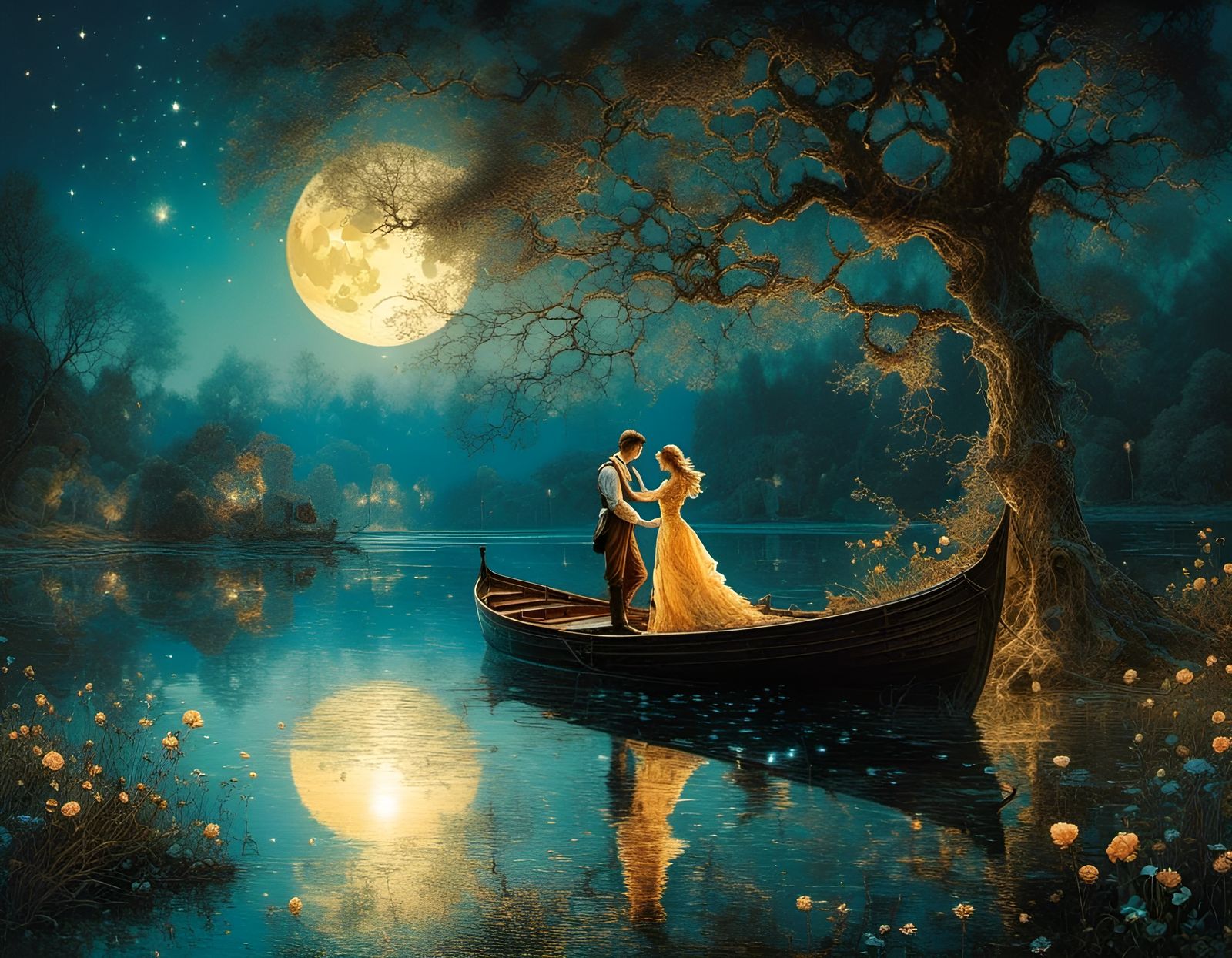 Moonlit Silhouette: Dancing Figures by a Lake