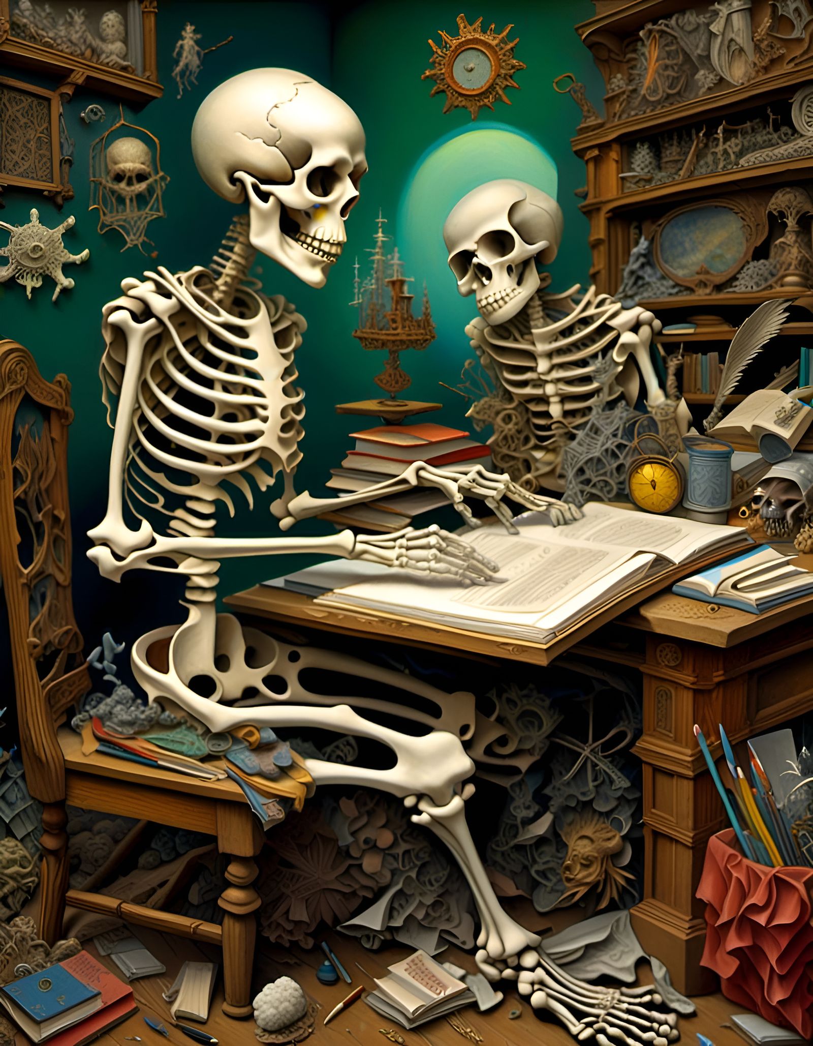 Whimsical Skeleton Student in Art Nouveau Style