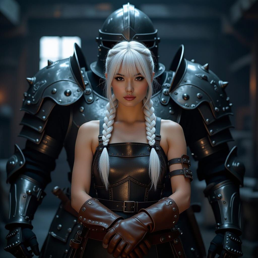 Asian Blacksmith Beside Steel Armor, Hyper-Realistic