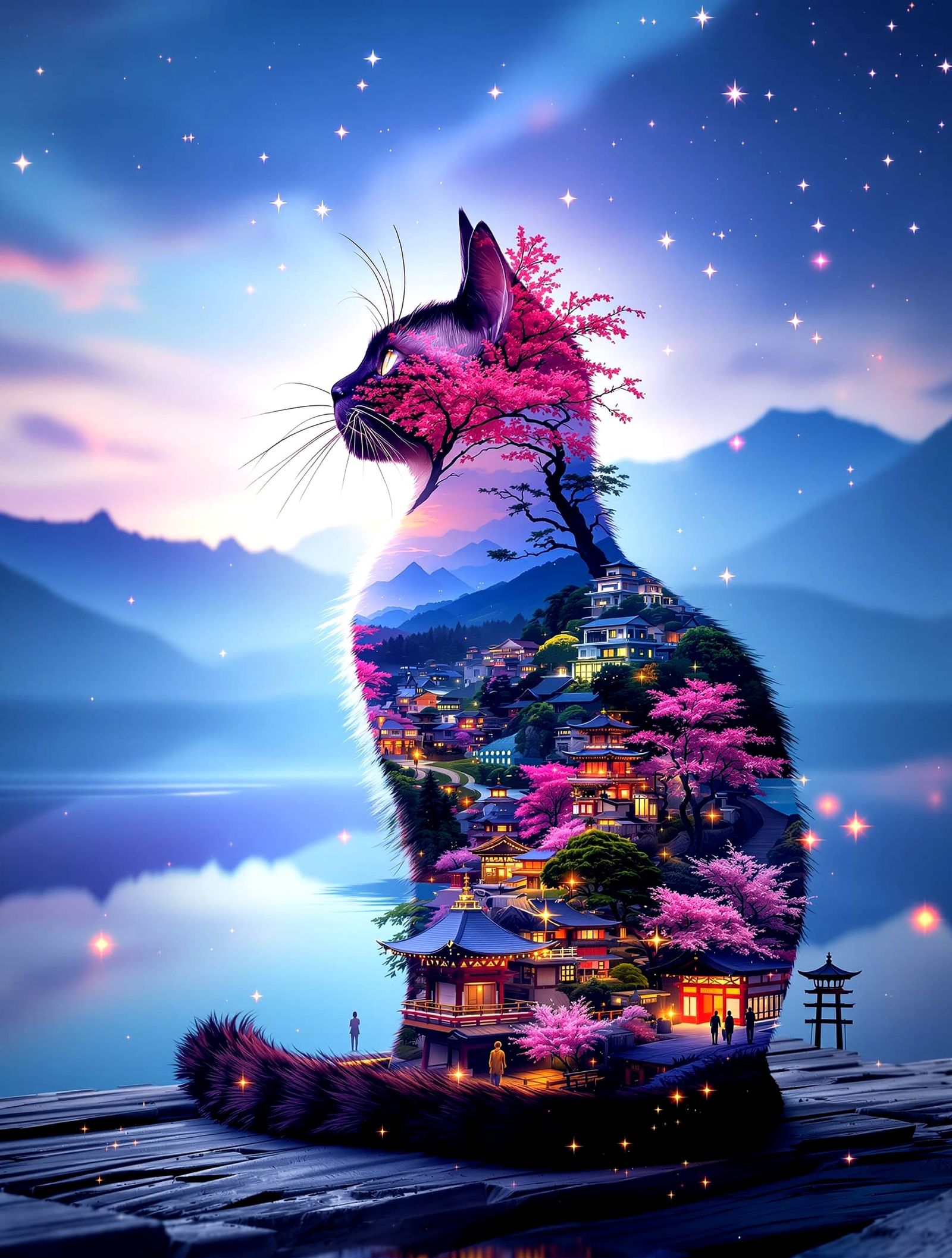 Surreal Siamese Cat Dreamscape with Japanese Landscape