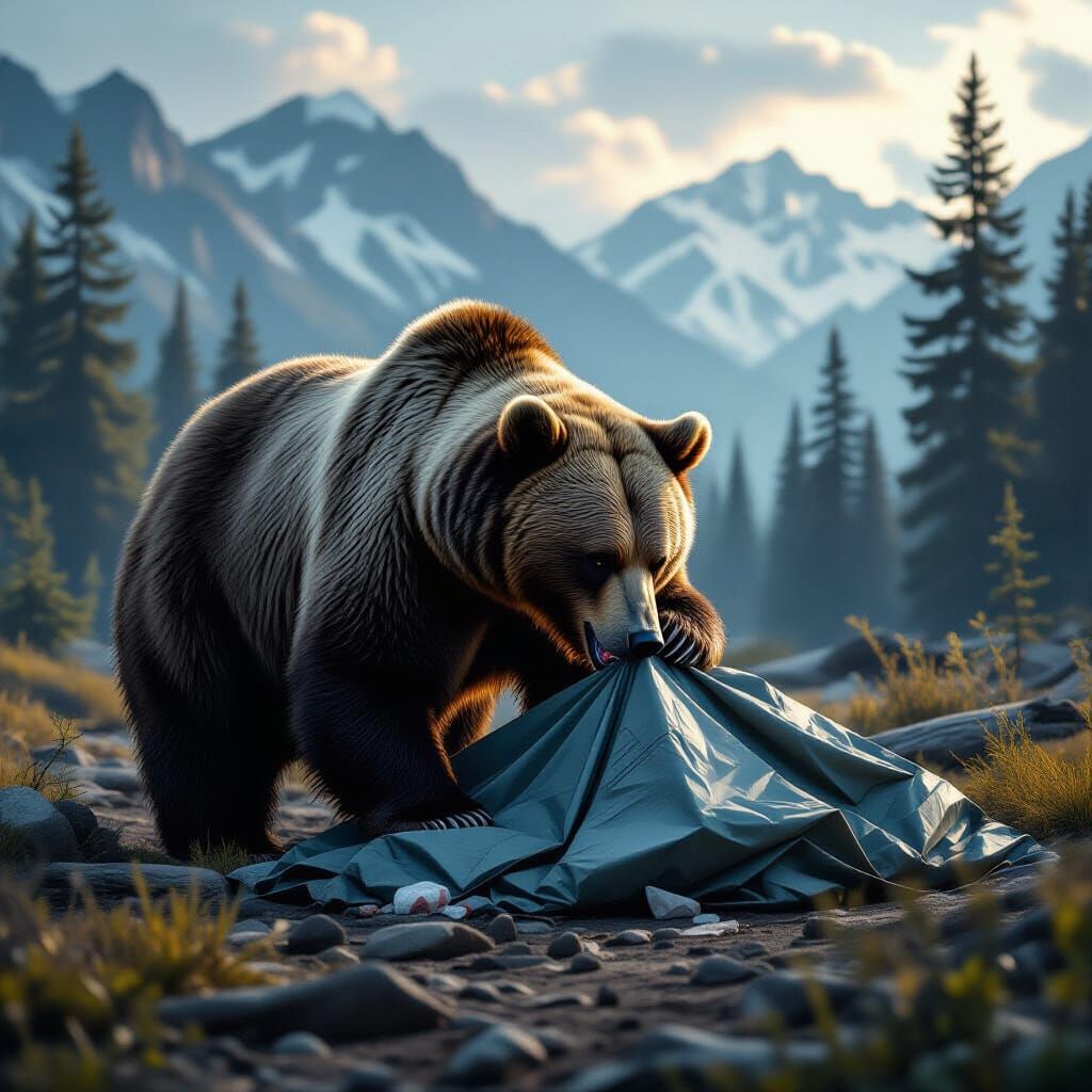 Grizzly Bear Devouring a Tent in Wilderness