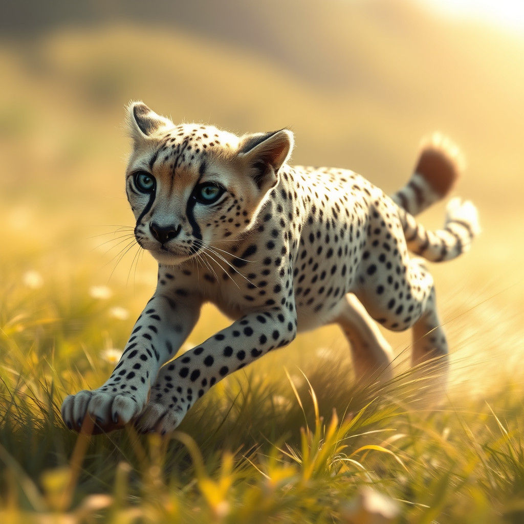 Cheetah Cub Racing Across Sun-Drenched Grassland