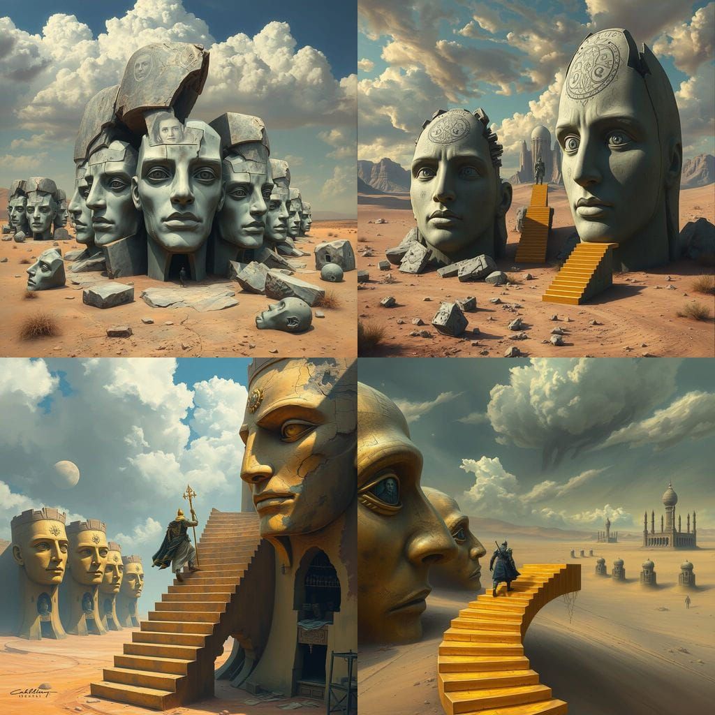 Surreal Desert Landscape with Broken Face Statues