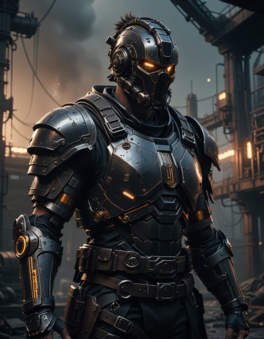 Grimy Industrial Gladiator in a Dystopian Arena