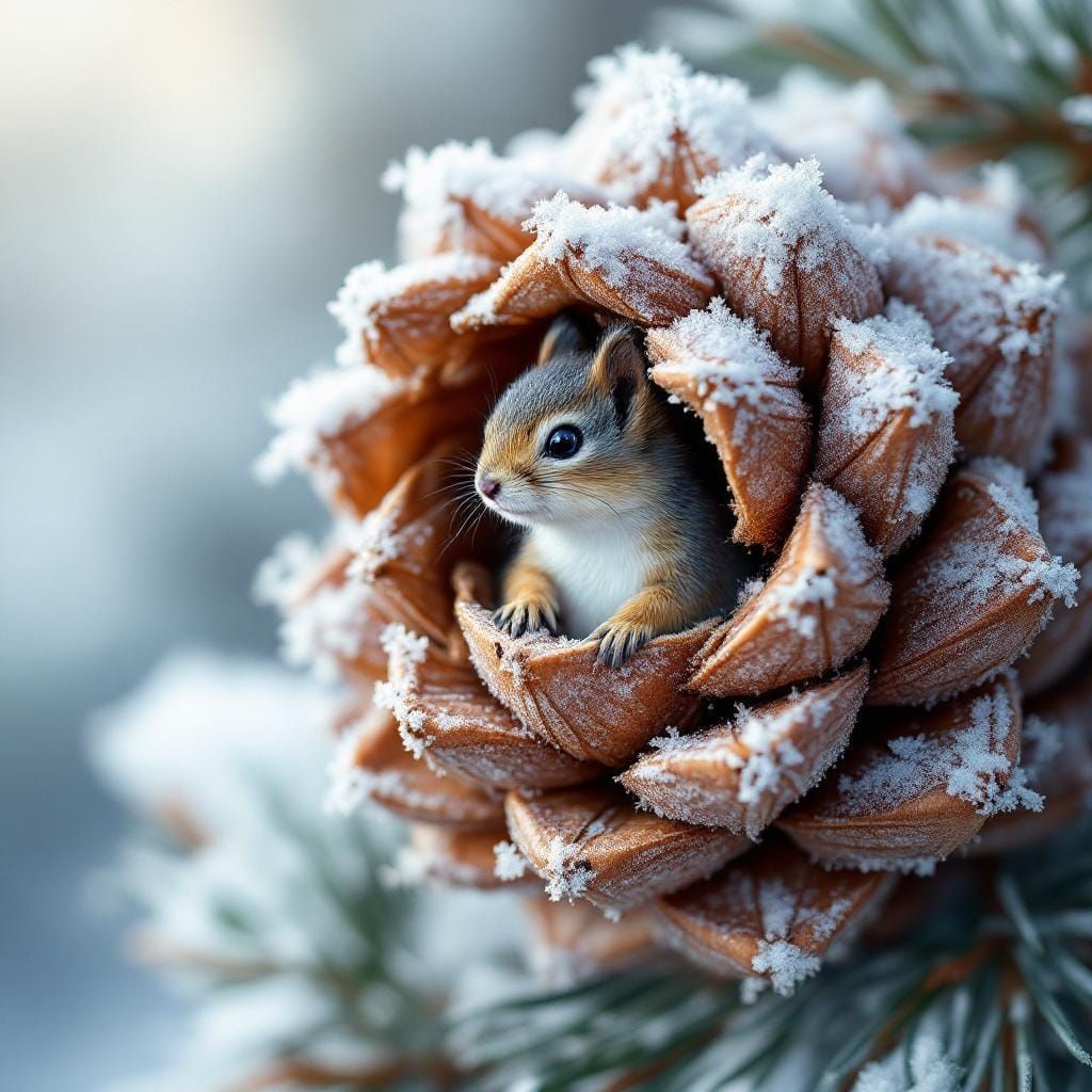 Frost-Covered Pinecone with Squirrel: Hyperrealistic Macro P...