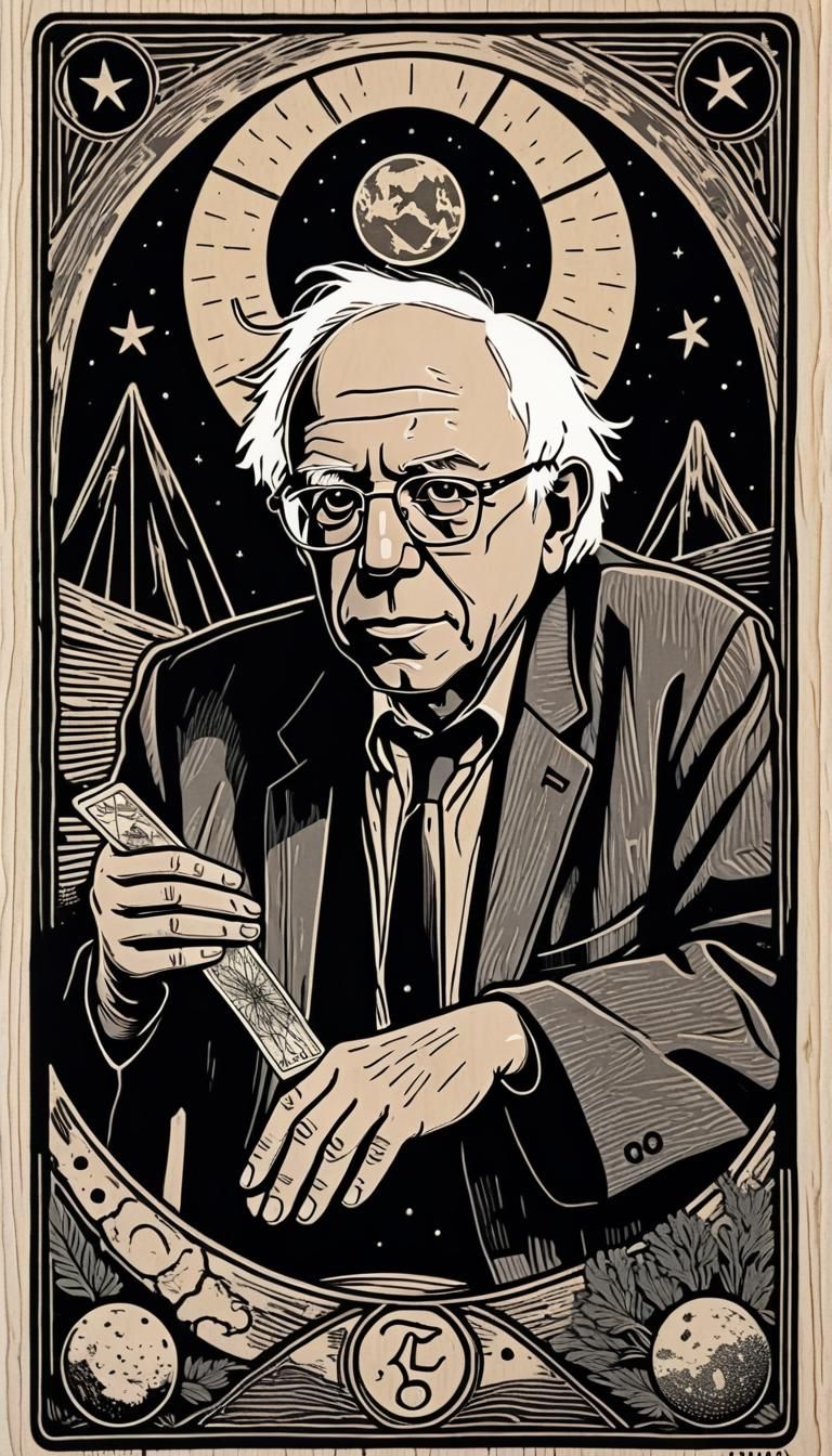 Bernie Sanders as a tarot card. woodcut, linocut