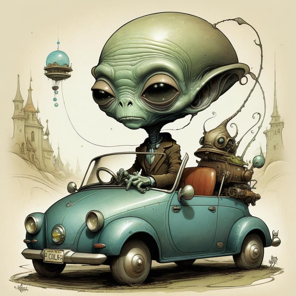 Whimsical Alien in Car, Surreal Illustration