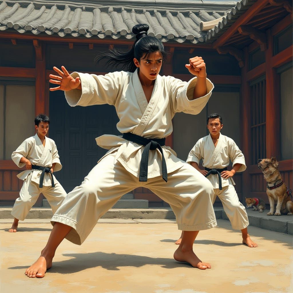 Martial Artist Mid-Kick in Japanese Dojo Art