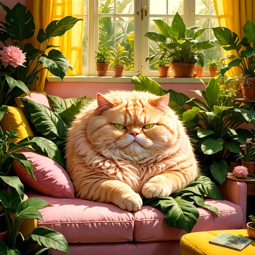 Pink Cat Sleeping in Wonderland Style Matte Painting