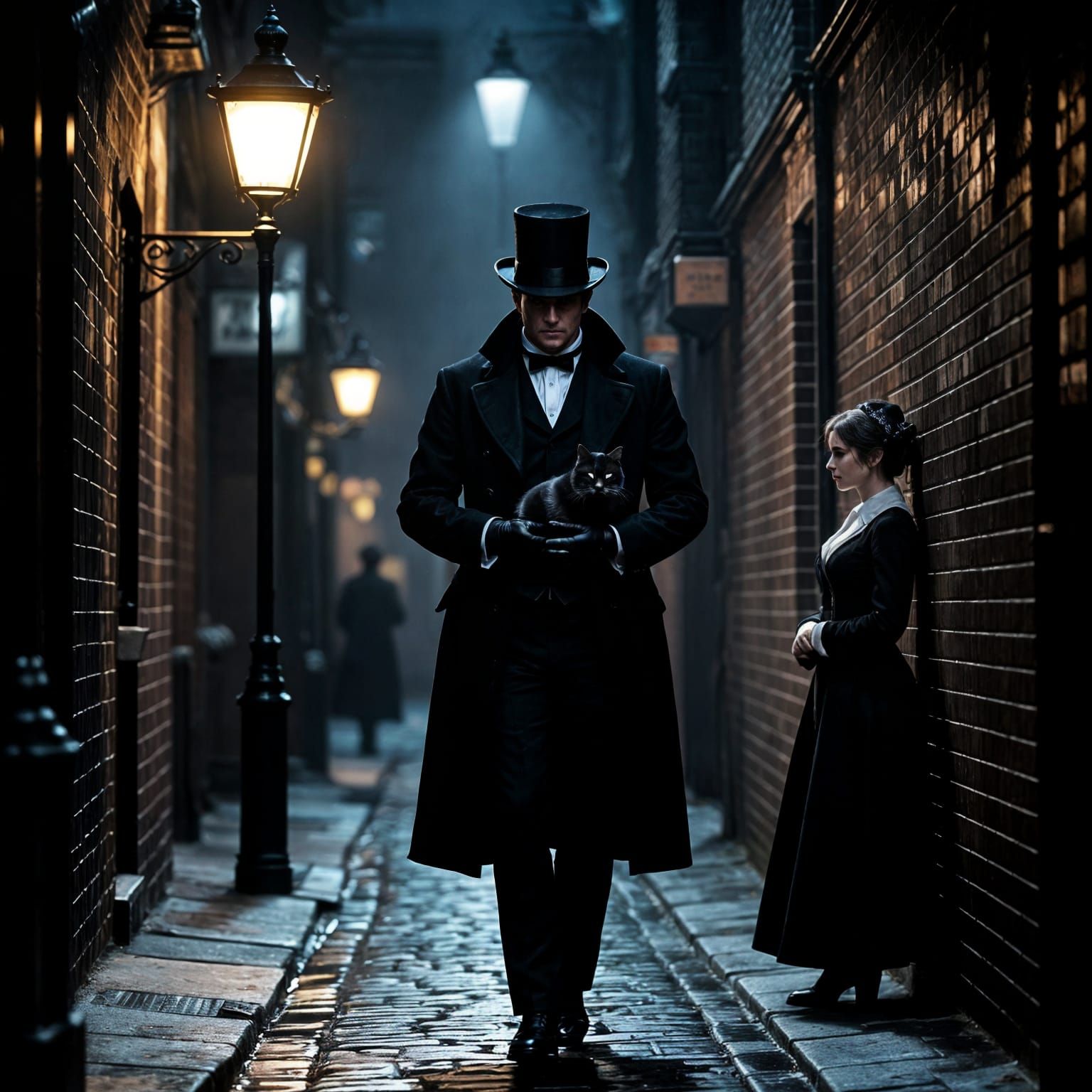 Midnight Stroll in Victorian London with Black Cat
