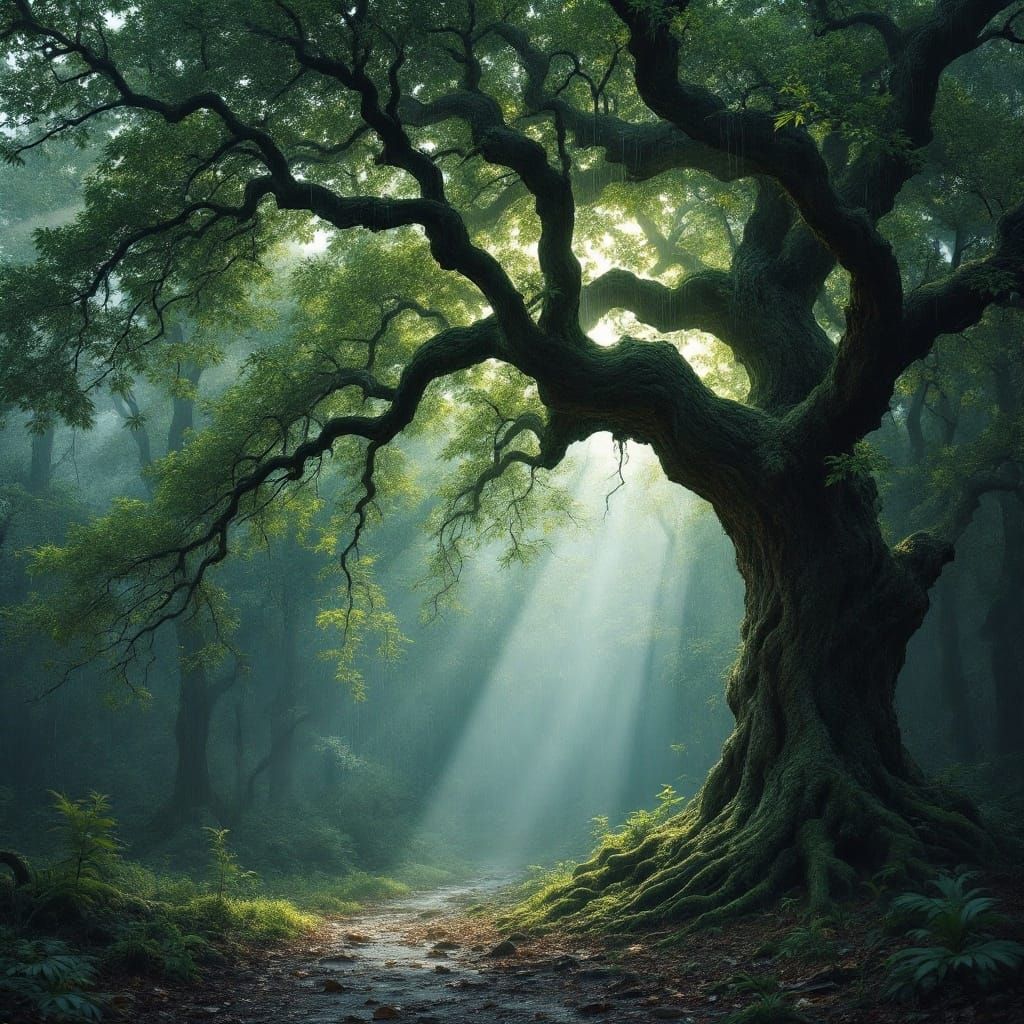 Lush Green Velvet Forest in Chiaroscuro Style