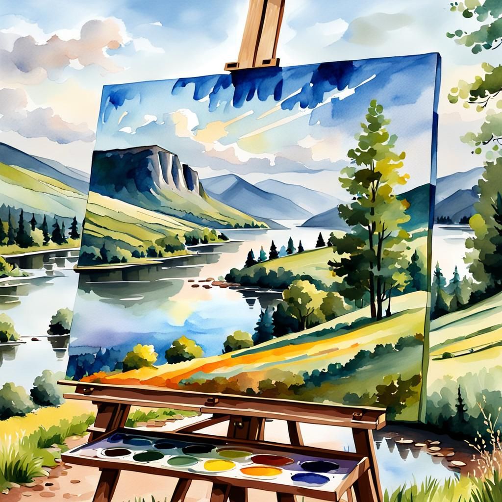 Watercolor Landscape Painting on Easel