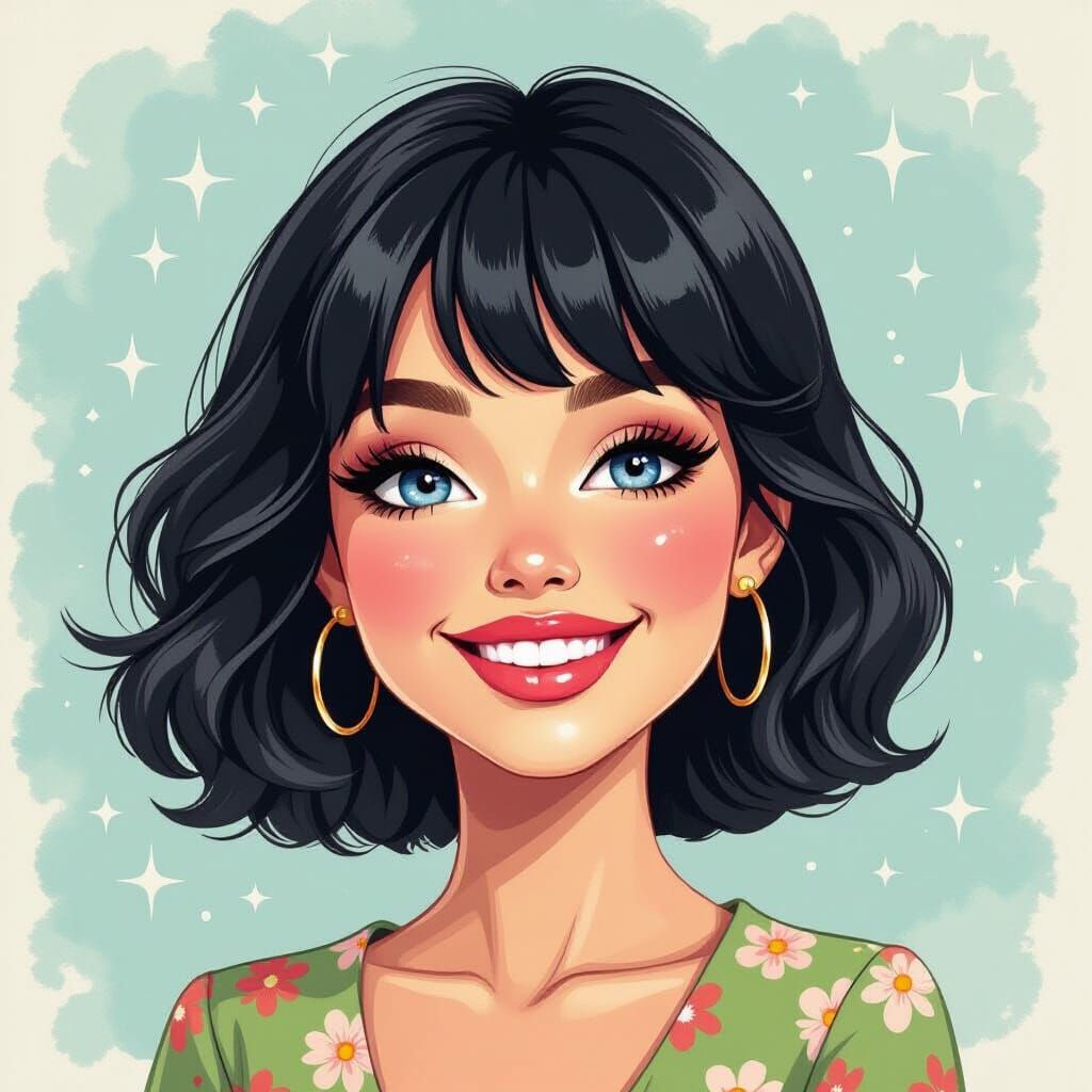 Whimsical Caricature of a Smiling Woman with Blue Eyes