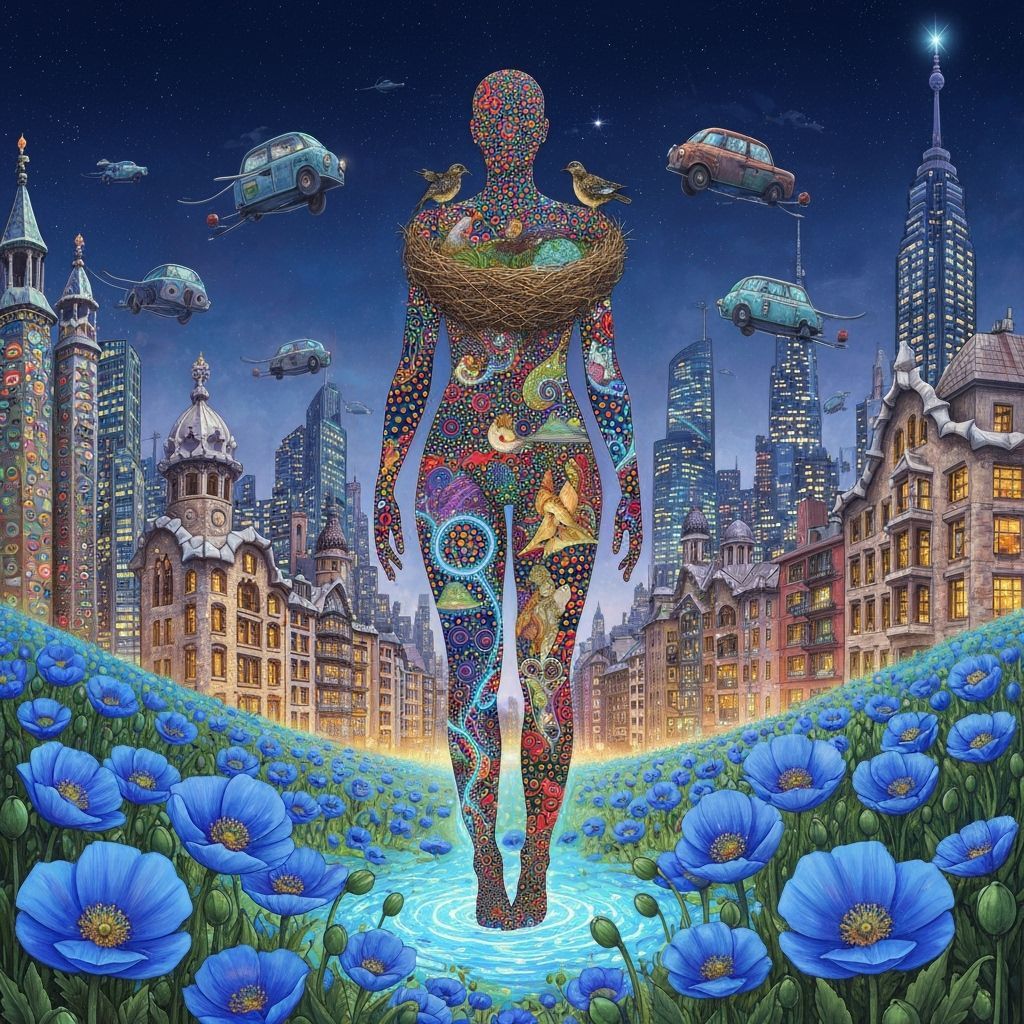 Man in Cobalt Blue Amidst Blue Poppies, Swirling Energy, Kus...