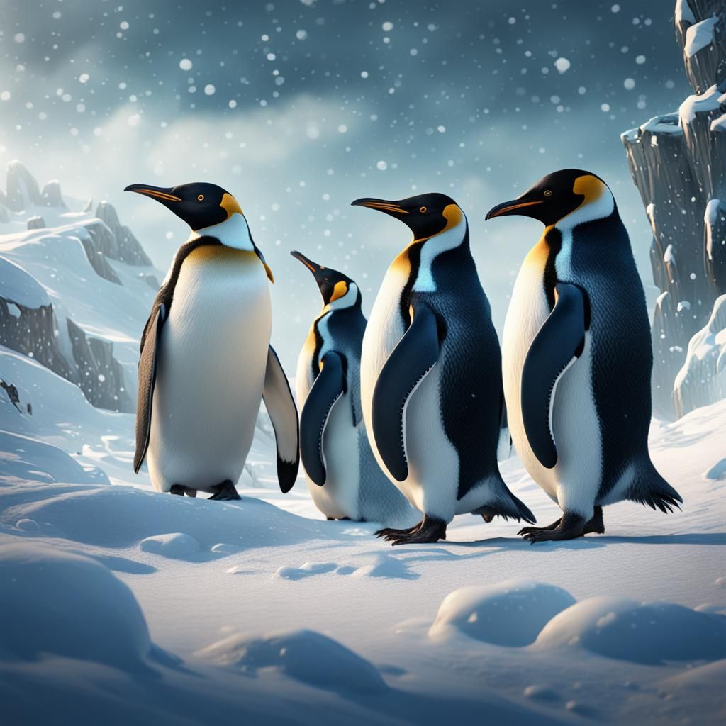 Penguins in Snowy Fantasy Landscape