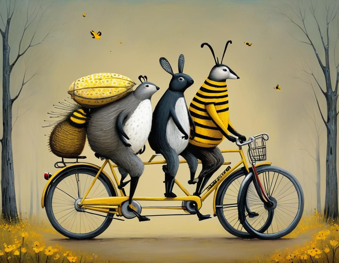 Whimsical Tandem Ride: Naive Art Illustration