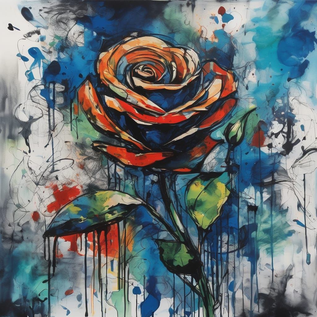 Expressionist Rose Sketch with Vibrant Watercolour Washes