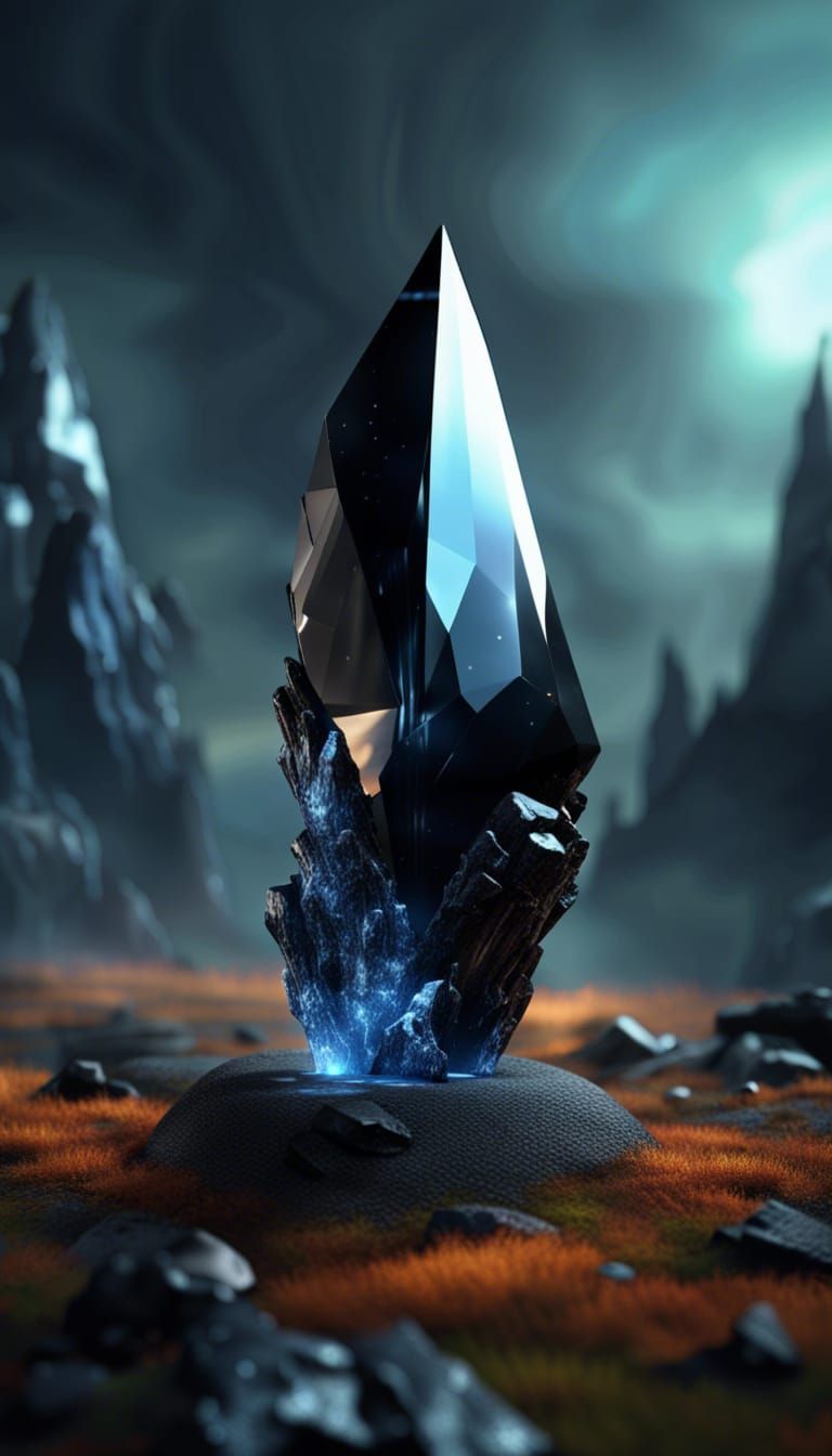 Floating Obsidian Shard in Magical Landscape