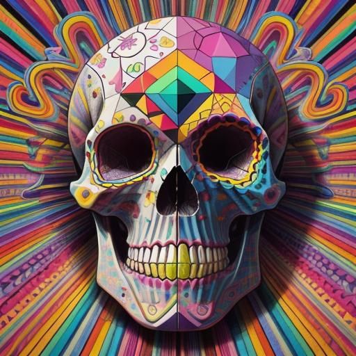 Geometric Rainbow Skull in Pop Surrealist Style
